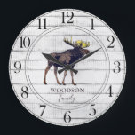 Rustic Walking Moose Wood Family Name Large Clock<br><div class="desc">Rustic white washed barn wood walking moose family name large clock for your cabin,  lake house,  tiny house or any rustic woodlands,  wilderness,  or country setting. The stylish script and serif typeface contrasts gives this design a contemporary rustic vibe.</div>