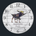 Rustic Walking Moose Wood Family Name Large Clock<br><div class="desc">Rustic white washed barn wood walking moose family name large clock for your cabin, lake house, tiny house or any rustic woodlands, wilderness, or country setting. The stylish script and serif typeface contrasts gives this design a contemporary rustic vibe.</div>