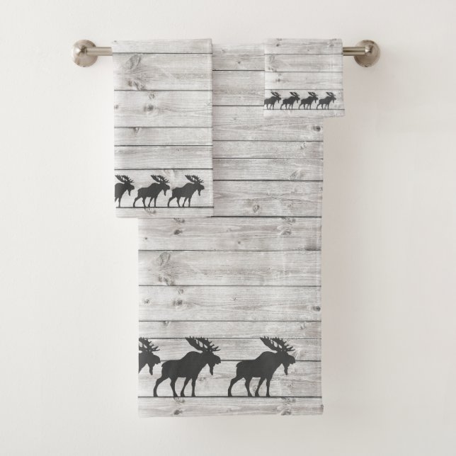 Rustic Walking Moose Wood Pattern Bath Towel Set (Insitu)