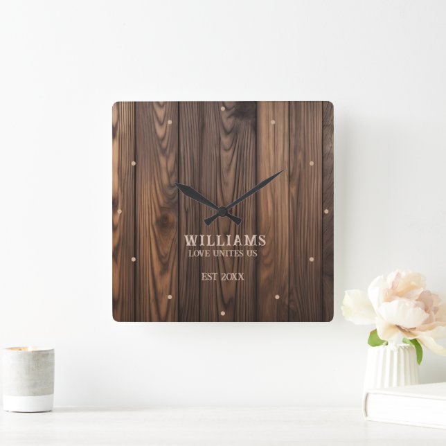 Rustic Wallnut Wood Brown Personalized Square Wall Clock (Home)