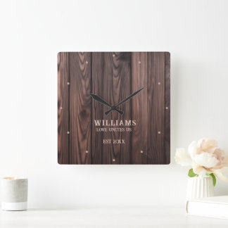 Rustic Wallnut Wood Brown Personalized Square Wall Clock