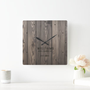 Rustic Wallnut Wood Brown Personalized Square Wall Clock