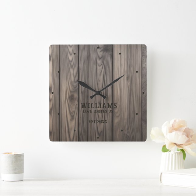 Rustic Wallnut Wood Brown Personalized Square Wall Clock (Home)
