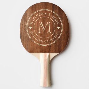 Rustic Walnut Wood Wedding Monogram Heart Ping Pong Paddle
