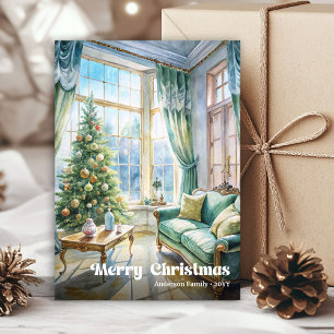Rustic warm Christmas scene in vintage holiday Card