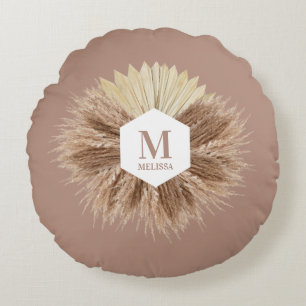 Rustic Warm Neutral Colours Monogram  Round Pillow
