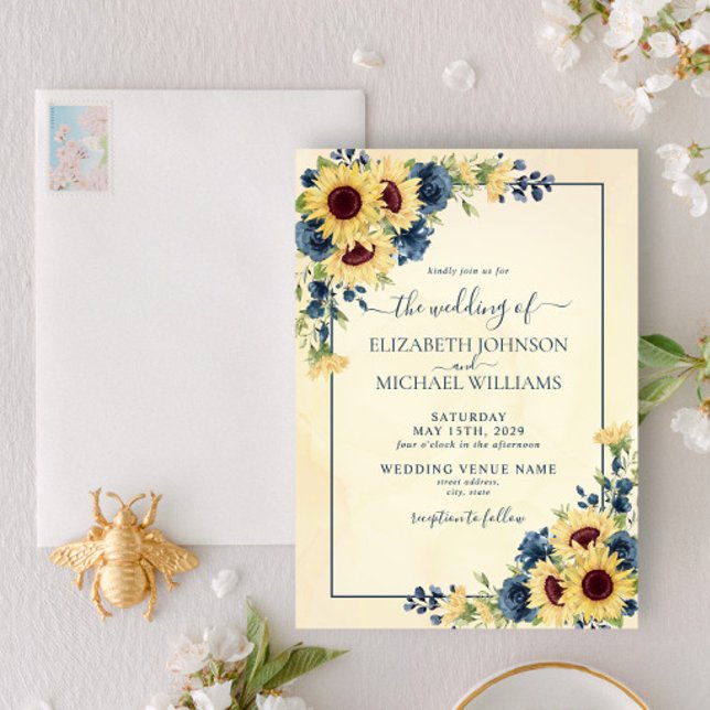 Rustic Warm Sunflower Navy Blue Floral Wedding Invitation (Creator Uploaded)