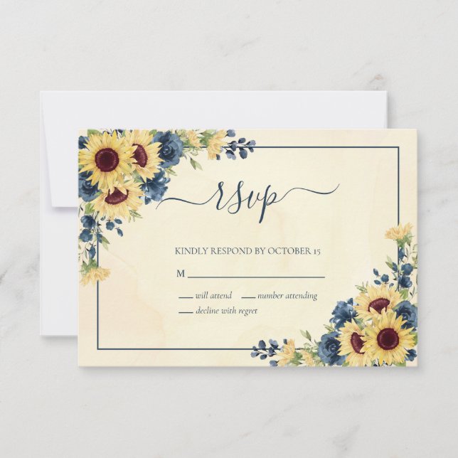 Rustic Warm Sunflower Navy Blue Floral Wedding RSVP Card (Front)