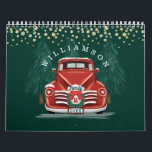 Rustic Warm Vintage Red Truck Family Photo Calendar<br><div class="desc">Celebrate the magical and festive holiday season with our custom holiday calendar. The design features a red and green rustic hand-drawn illustrative style front view vintage pickup truck carrying a Christmas tree in the back. Christmas greenery and foliage create a modern, rustic festive design. Faux gold confetti is placed at...</div>