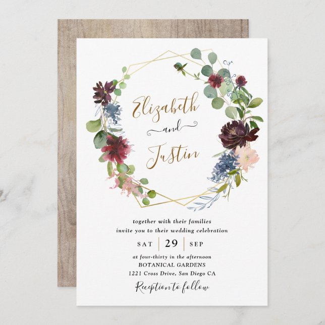 Rustic Waterclor Burgundy Navy Floral Wedding Invitation (Front/Back)