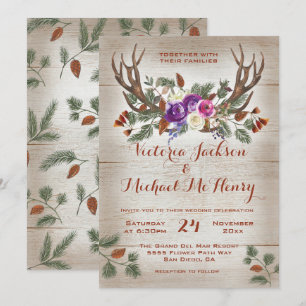 Rustic Watercolor Antlers & Pine Branches Wedding Invitation