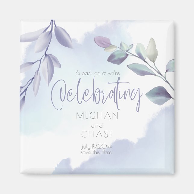 Rustic Watercolor Aqua Lilac Leaves Save the Date Magnet (Front)