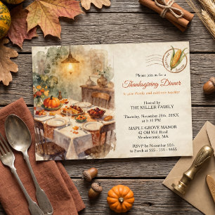 Rustic Watercolor Autumn Feast Thanksgiving Dinner Invitation