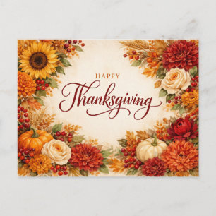 Rustic Watercolor Autumn Thanksgiving Floral  Holiday Postcard