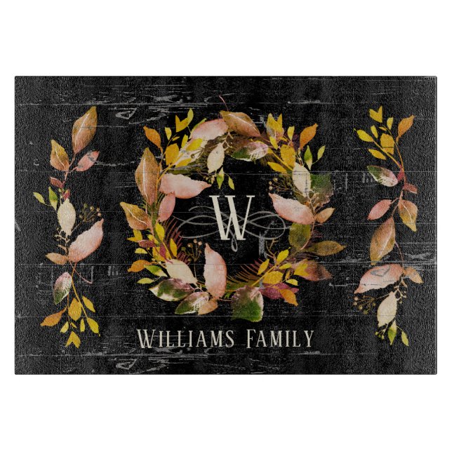 Rustic Watercolor Autumn Wreath Monogram Name Cutting Board (Front)
