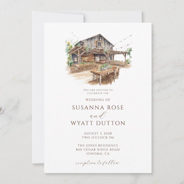 Rustic Watercolor Barn Wedding Invitation (Front)