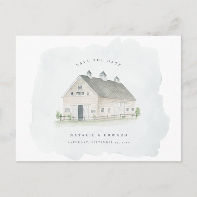 rustic watercolor barn wedding save the date postcard (Front)