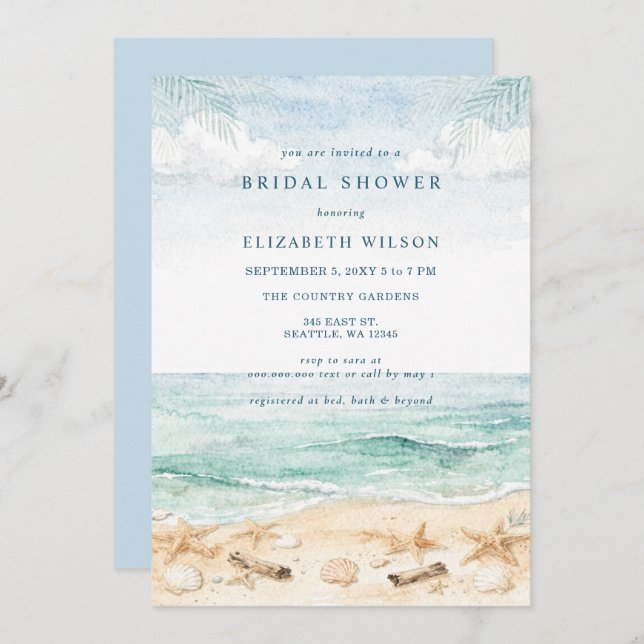 Rustic Watercolor Beach Bridal Shower Invitation (Front/Back)