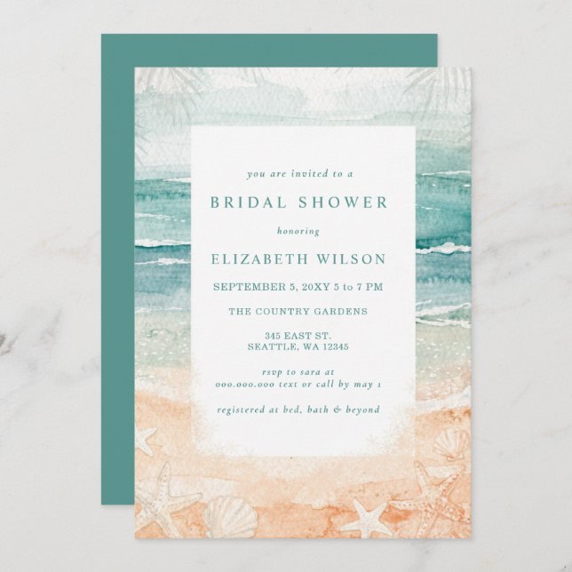 Rustic Watercolor Beach Bridal Shower Invitation (Front/Back)