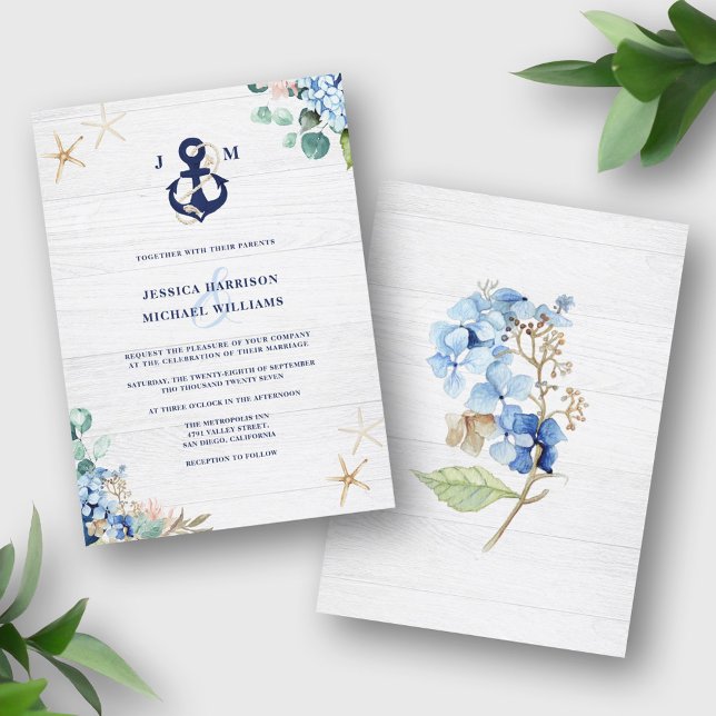 Rustic Watercolor Beach Floral Anchor Wedding Invitation (Creator Uploaded)