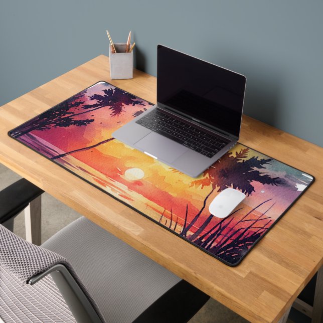 rustic watercolor beach sunset scene desk mat (Office 2)