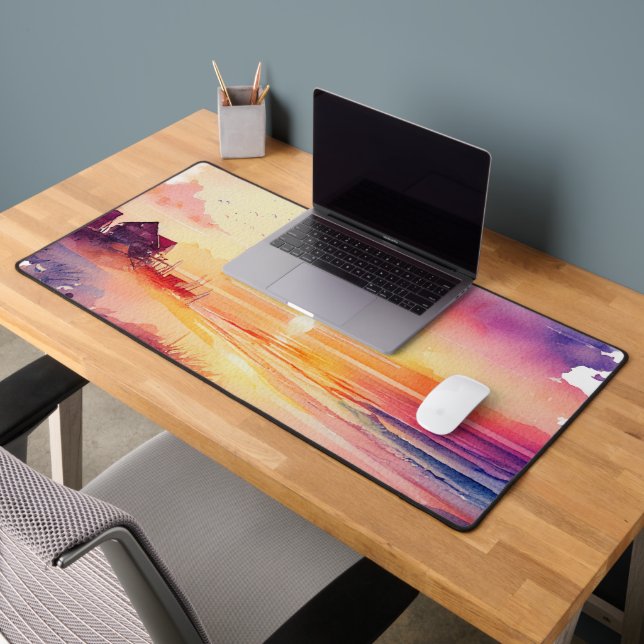 rustic watercolor beach sunset scene desk mat (Office 2)