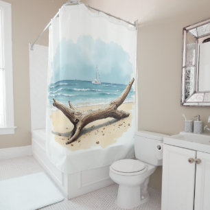 Rustic watercolor beach with driftwood