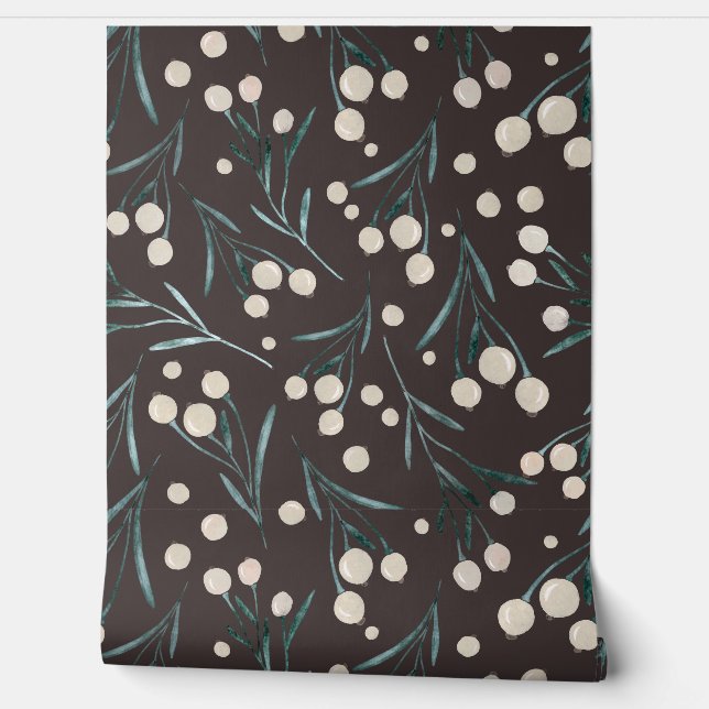 Rustic watercolor berries -  brown, teal, ecru wallpaper (Unrolling)