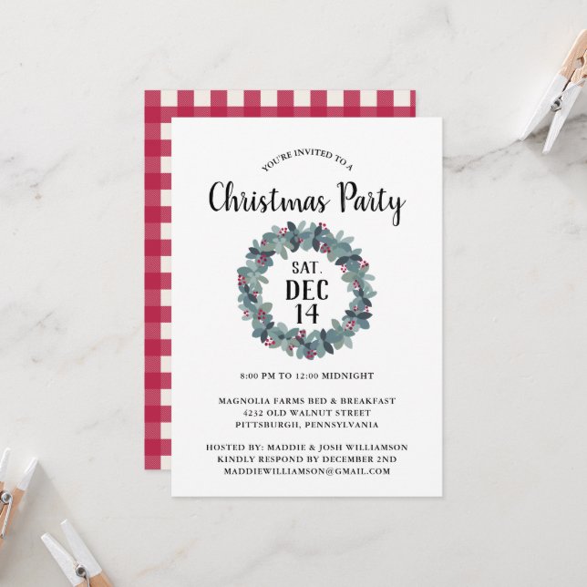 Rustic Watercolor Berry Wreath Christmas Party  Invitation (Front/Back In Situ)