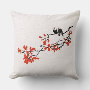 Rustic Watercolor Birds on Tree Branch Red Leaves Throw Pillow