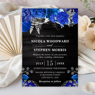 Rustic Watercolor Blue and Silver Flowers Wedding Invitation