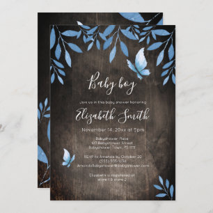 Rustic watercolor blue butterfly floral babyshower invitation
