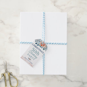 Rustic Watercolor Blue Floral 50th Birthday Party Gift Tags