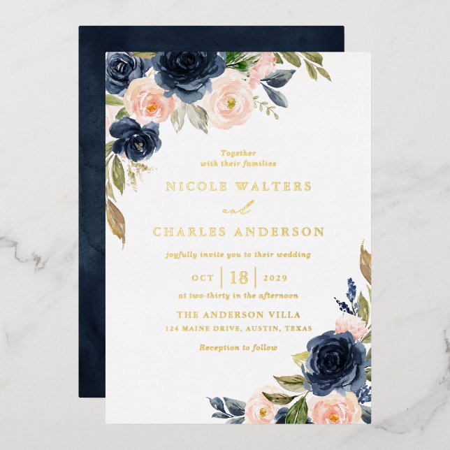 Rustic Watercolor Blush and Navy Flowers Wedding (Front/Back)
