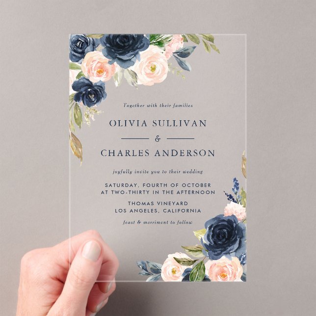 Rustic Watercolor Blush and Navy Flowers Wedding Acrylic Invitations (Insitu (Handheld))