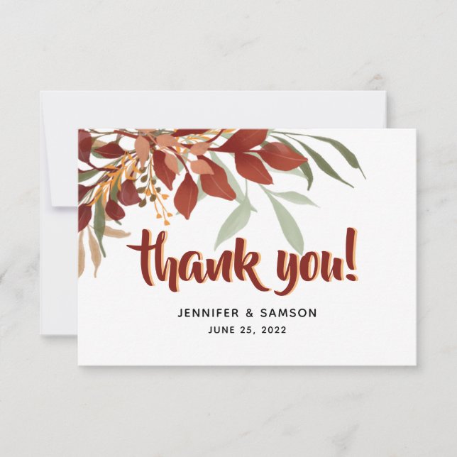Rustic Watercolor Bohemian Fall Wedding  Thank You Card (Front)