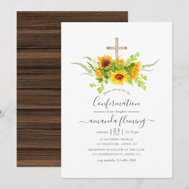 Rustic Watercolor Bohemian Sunflowers Confirmation Invitation (Front/Back)