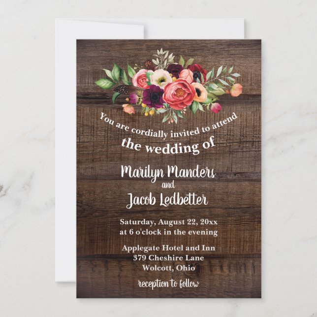 Rustic Watercolor Boho Floral Wedding Invitation (Front)