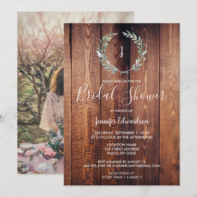 Rustic watercolor branch monogram Bridal Shower Invitation (Front/Back)