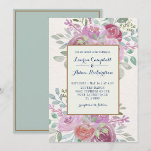 Rustic Watercolor Burgundy &  Pink Rose Wedding Invitation