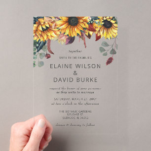 Rustic Watercolor Burgundy Sunflowers Fall Wedding Acrylic Invitations