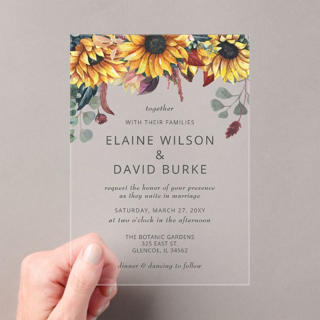 Rustic Watercolor Burgundy Sunflowers Fall Wedding Acrylic Invitations (Insitu (Handheld))