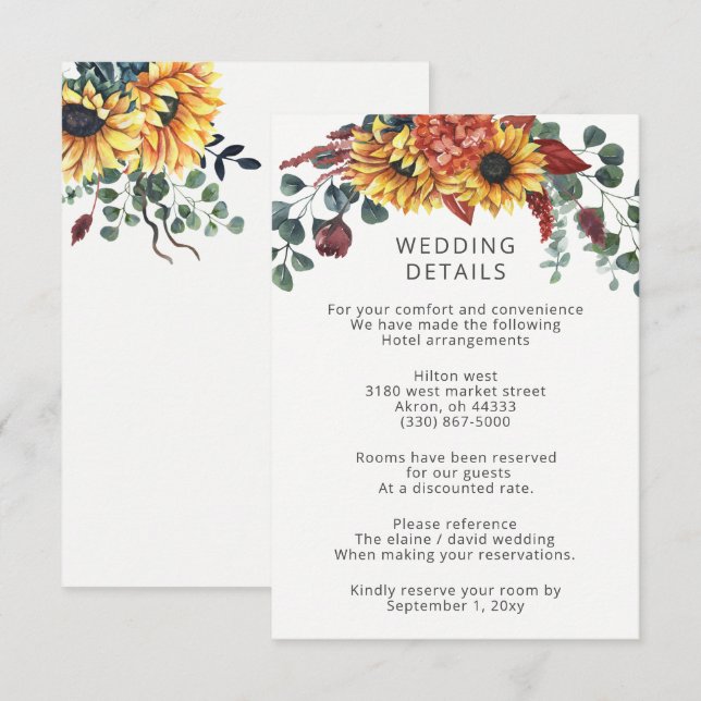 Rustic Watercolor Burgundy Sunflowers Fall Wedding Enclosure Card (Front/Back)
