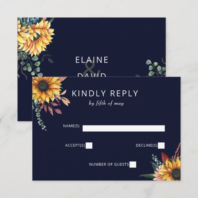 Rustic Watercolor Burgundy Sunflowers Fall Wedding RSVP Card (Front/Back)
