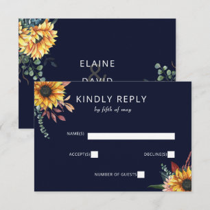 Rustic Watercolor Burgundy Sunflowers Fall Wedding RSVP Card