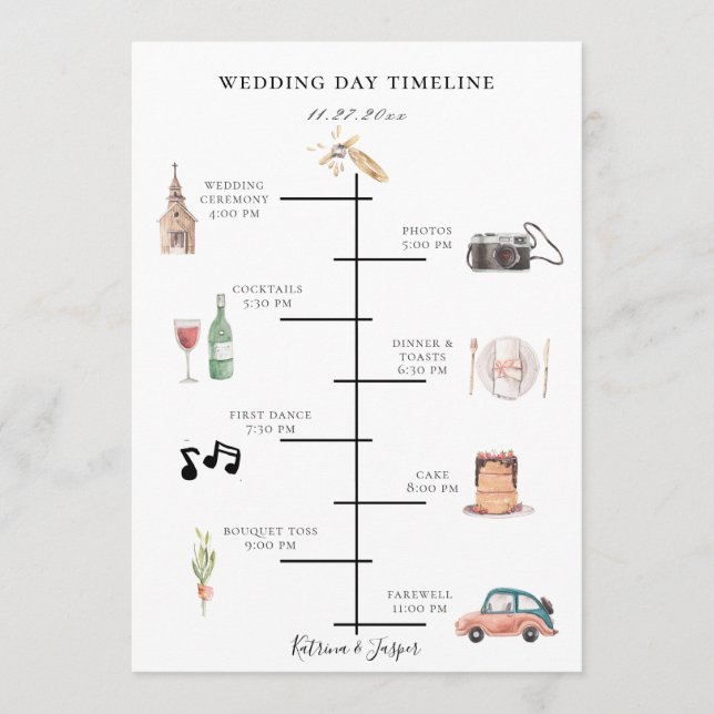 Rustic Watercolor Burgundy Wedding Timeline Program (Front)