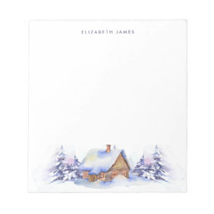 Rustic Watercolor Cabin Blue Forest Personalized  Notepad