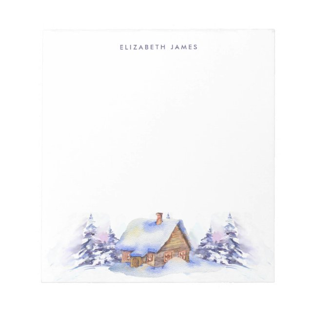 Rustic Watercolor Cabin Blue Forest Personalized  Notepad (Front)