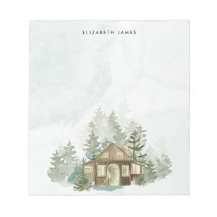 Rustic Watercolor Cabin Green Forest Personalized Notepad