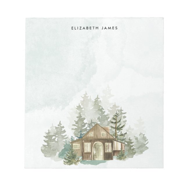 Rustic Watercolor Cabin Green Forest Personalized Notepad (Front)